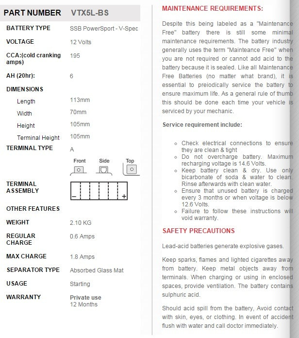 CRF150F/230F / TTR230 VTX5L-BS AGM Battery - SSB