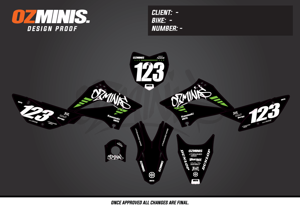 KLX110 - GRAFFITI BLACK/GREEN GRAPHICS KIT